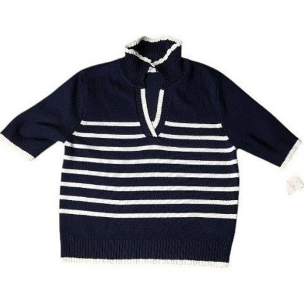 Nanette Lepore Navy White Striped Mock Neck Sweater Top | Short Sleeve | NWT S
